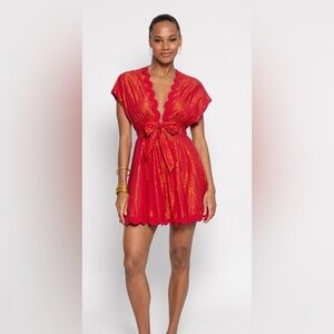 NWT Sundress NORA SHORT Red and Gold Scalloped Resort Dress